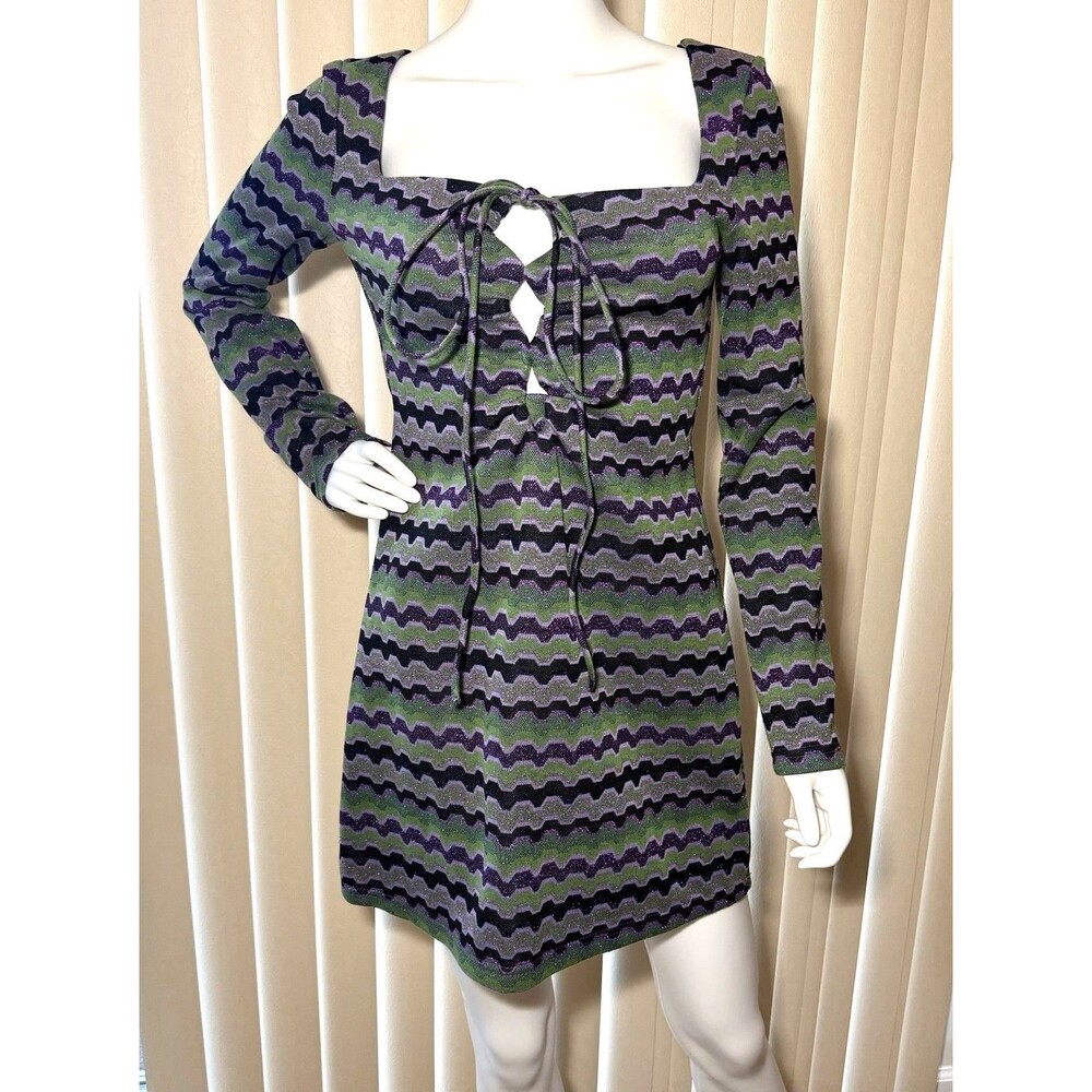 Zara Metallic Zigzag Mini Dress M Green Purple Lace Up Cutout Long Sleeve NWT